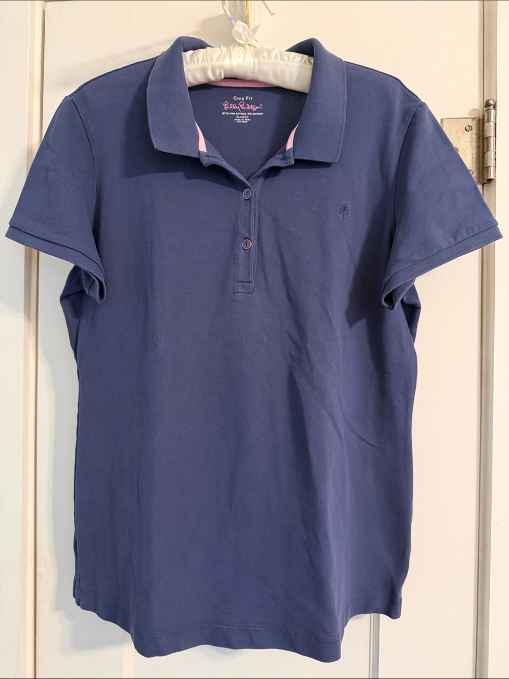 Lilly Pulitzer Navy Polo Shirt, Button Placket, Pink Trim, Pima Cotton & Spandex
